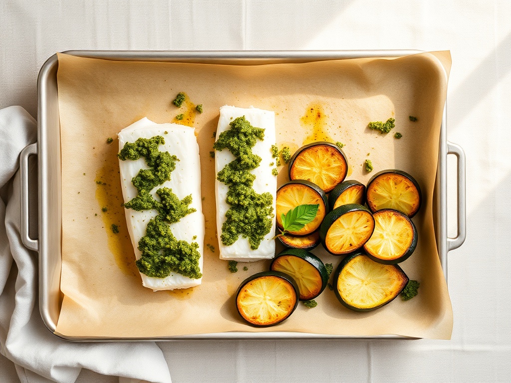 Pesto-Crusted White Fish with Roasted Zucchini